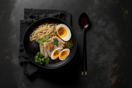 Bowl of chicken ramen soup with an egg. Tabletop viewpoint Background of black concrete. Asiatic foodの素材