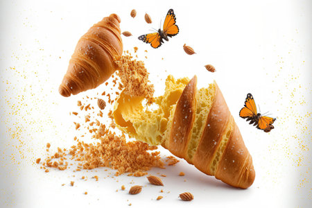 Breakfast croissants with freshly made butter, crushed nuts, and flying crumbs on a white backgroundの素材