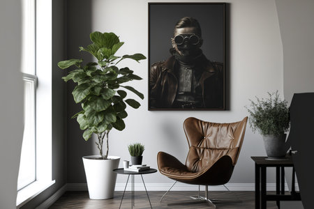 Breakfast tray, leather lounge chair, and plant in modern home designの素材