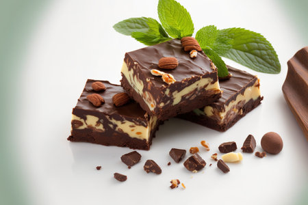 Brownies in chocolate against a white and cream backdropの素材