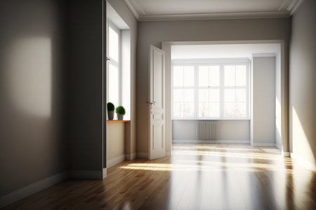 Bright living room is empty. a new house Beautiful interior of an apartment. wood flooringの素材