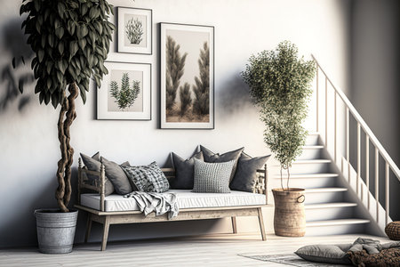 Bright living room interior design with white walls and a couch bench with pillows. towering dried plants and a wooden ladder next to a wallの素材