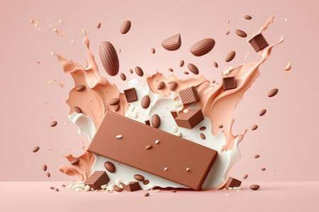 Broken milk chocolate bar in the air against a pale pink background with almonds and flakes. Concept of levitating chocolate bits. frame. wide bannerの素材