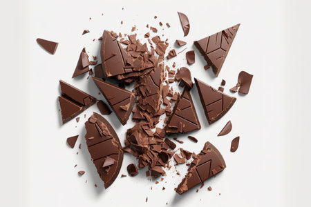 Broken chocolate chips or cracks in chocolate bars, top view, isolated on a white backdropの素材