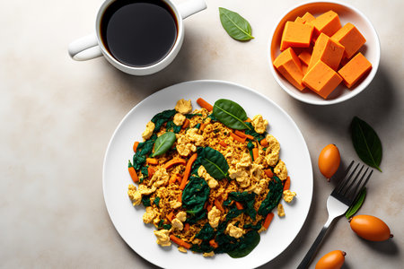 Breakfast of vegan tofu scramble with spinach and carrots and coffee on a white tableの素材