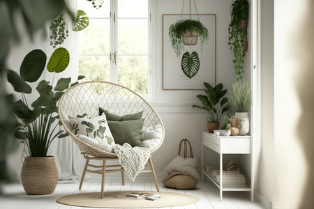 Brazilian chair hanging by the window and posters of leaves decorate this white apartmentの素材