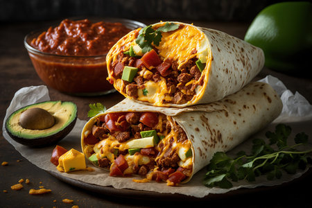 Breakfast burrito with homemade chorizo, eggs, potatoes, and salsaの素材