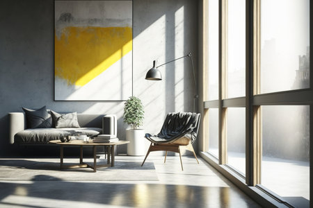 Bright modern interior features and sunrays from the window against the backdrop of concrete walls are featured in this modern interior design of a living room in an apartment, home, or workplaceの素材