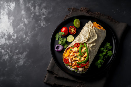 Burrito wrappers with chicken and vegetables on a black plate with copy space for your content against a background of concrete, Mexicanの素材