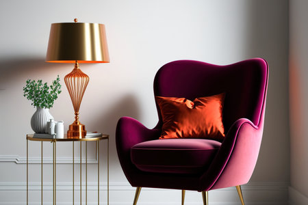 Bright apartment interior with red armchair and designer lamp above copper tableの素材