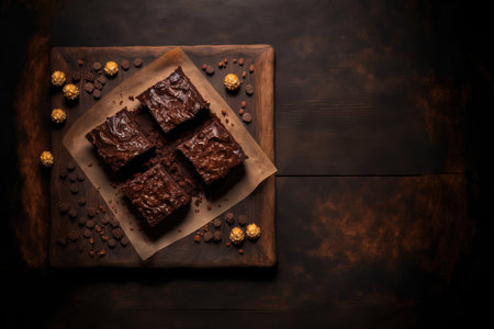 Brownies with fresh chocolate on a dark wooden table. Top view, copy space, pie brownie, a delectable homemade chocolate dessertの素材