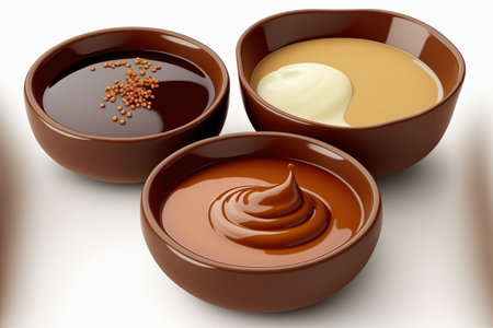 Brown bowls with sauces in them, isolated on a white backgroundの素材