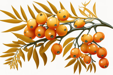 Branch of sea buckthorn berries against a background of whiteの素材