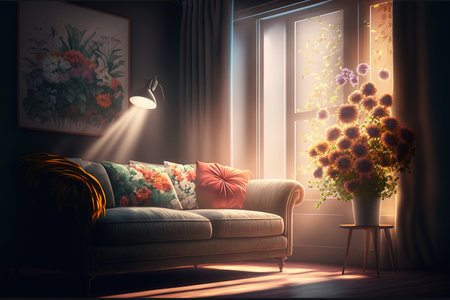 Bright modern interior features, a cozy sofa, fresh flowers, and sunbeams from a window in a living room of an apartment, home, or office against a background of a dark wallの素材