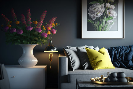 Bright modern interior elements, fresh flowers, and sunbeams from a window against a background of dark walls are featured in this modern interior design of a living room in an apartment, home, or worの素材
