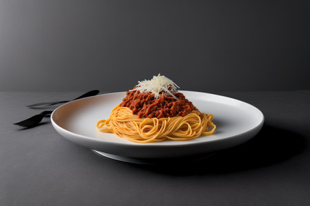 Bolognese pasta on a white plate with a gray background. An iconic dish in Italian cuisine is bolognese sauce. favored Italian cuisineの素材