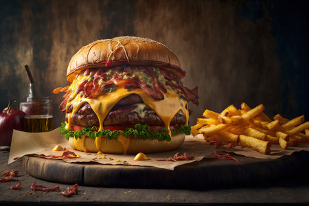 Burger with fried potatoes, bacon, and cheeseの素材