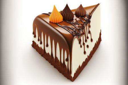 Cake piece made of chocolate with icing on a white backgroundの素材