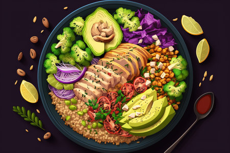 Buddha bowl dish with chicken fillet, brown rice, avocado, pepper, tomato, broccoli, red cabbage, chickpea, fresh lettuce salad, pine nuts and walnuts. Healthy balanced eating. Top viewの素材