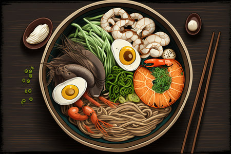 Buckwheat noodles with seafood in a bowl, top view, horizontalの素材