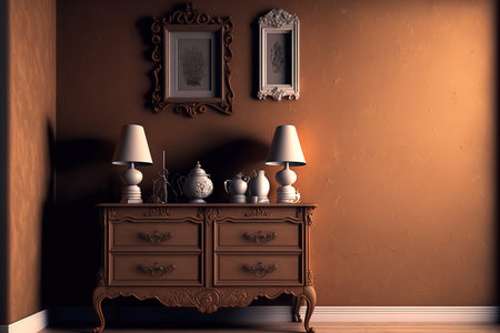 Brown room with decorations, a dresser, and a stucco wall. mock up for an illustrationの素材