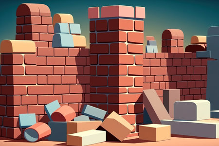 Building a wall using bricks of various types and hues. suitable as a setting for architectural or construction supplies. Vertical bannerの素材