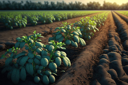 Bushes of potatoes in a field, an early kind of eco food. Agricultureの素材
