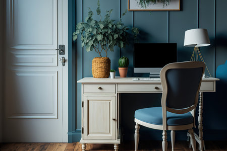 Cabinet or workstation in the home used for remote work. a table with a vase and dried plants, a desk with a laptop, a white chair, and a straightforward armchair with a blue pillow. daylight, light wの素材
