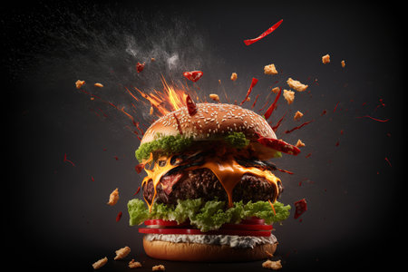 Burger and fries are smash in a dark backgroundの素材