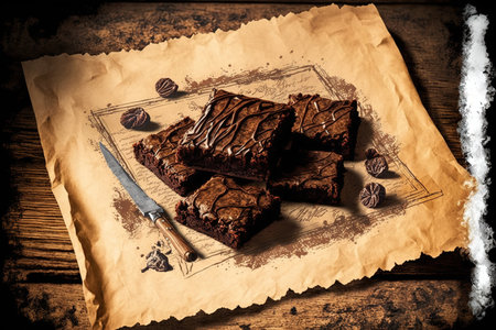 Brownies with chocolate on parchment paper. homemade baked goods and vegan sweetsの素材