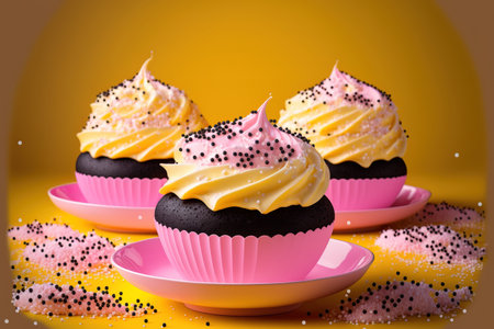 Bright cupcakes with white cream and sprinkles made of colored sugar. Black dish with cupcakes on it. on a background of yellow pink. Holiday dessert. the joyous and festive atmosphereの素材