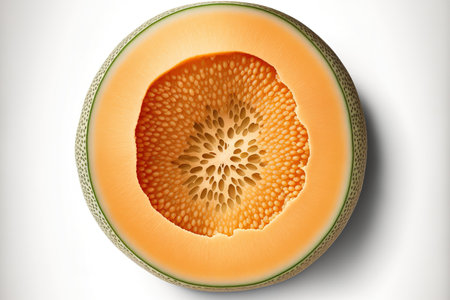 Cantaloupe melon half, top view, isolated on a white backgroundの素材