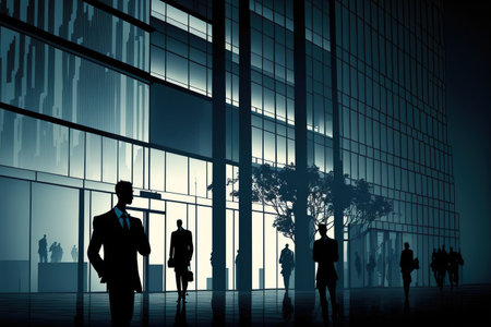 Businesspeople at an office building can be seen in silhouettesの素材