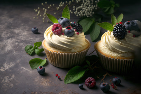 Buttercream topped vanilla cupcakes with fresh berries and green plants on a gray background are served with tea. delicious dessert made at home. Holiday bakeryの素材