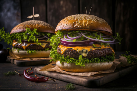 Burgers made at home in closeup on a wooden backgroundの素材
