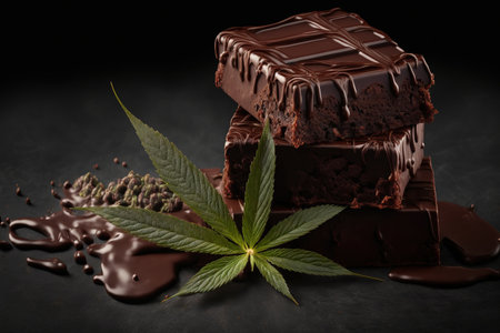 Cannabis leaf in front of attractively arranged stacks of mouthwatering chocolate fudge browniesの素材