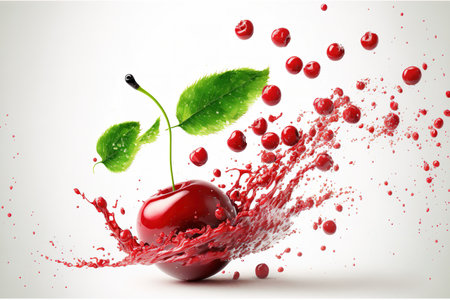 Cherry alone. On a white background, sour cherries are falling with leaves. Cherry in the airの素材