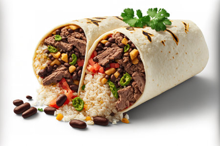 Burrito With Sliced Steak, Rice, And Beans Over White Backgroundの素材