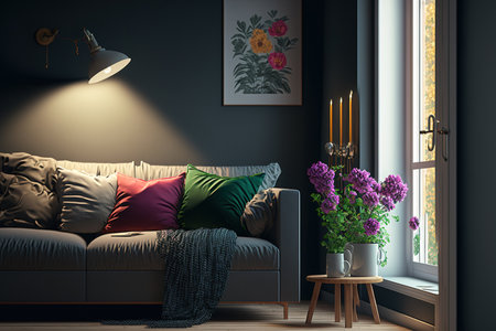 Bright modern interior features, a cozy sofa, fresh flowers, and sunbeams from a window in a living room of an apartment, home, or office against a background of a dark wallの素材