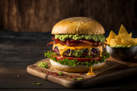 Burger with guacamole, bacon, and melted cheese displayed against a wooden backgroundの素材