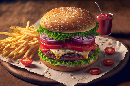 Burger, fries, and tomatoes in closeupの素材