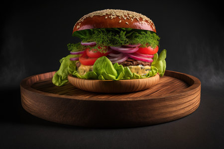Burger and salad on a wooden dish against a black backgroundの素材
