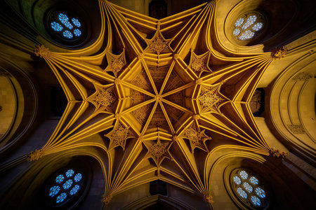 Burgos, Spain August 28, 2020 Star shaped vault of the Constables Chapel in the Cathedral of Burgos, Spainの素材