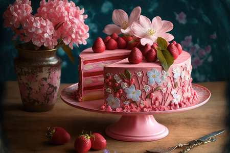 Cake with strawberry mousse and fresh strawberries. Cake created at home that has lovely cherry blossomsの素材