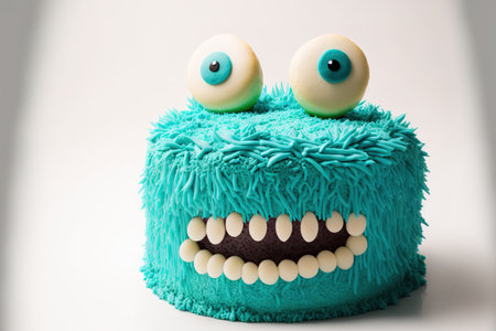 Cake with a monster theme against a white background. turquoise fluffy cream cheese icing on a birthday cakeの素材