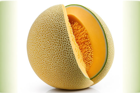 Cantaloupe melon in yellow, isolated on white. complete field depthの素材