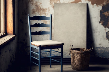 Canvas mockup with a rustic chair and a simple interior backgroundの素材