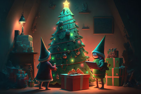 Cartoon figures with a festive green conical Christmas tree and packaged giftsの素材