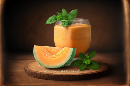 Cantaloupe juice that has recently been squeezed. Served over ice in a tiny tumbler with a mint leaf garnish. wedges of cantaloupe are used to adorn the arrangement on a wooden boardの素材