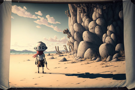 Cartoon figure on an empty banner in a beach landscapeの素材